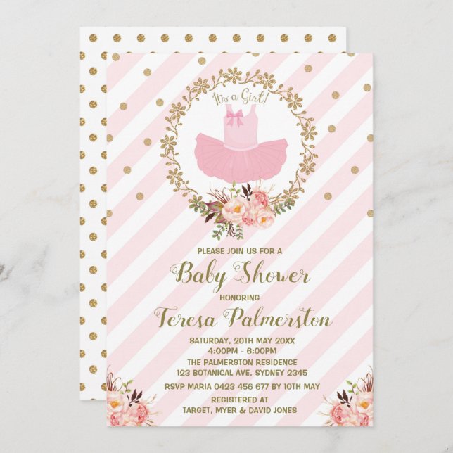 Pink Tutu Baby Shower Invitation Ballerina Ballet (Front/Back)