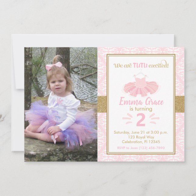 Pink Tutu Ballerina Girl Photo Birthday Invitation (Front)