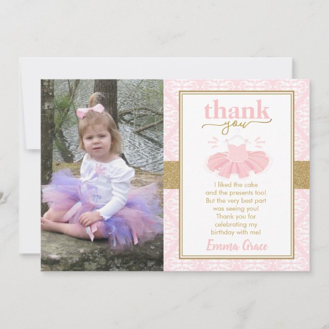 Pink Tutu Ballerina Girl Photo Thank You Card (Front)
