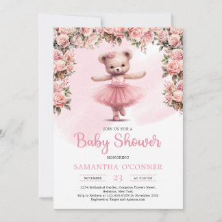 Pink tutu ballerina girl teddy bear blush roses invitation