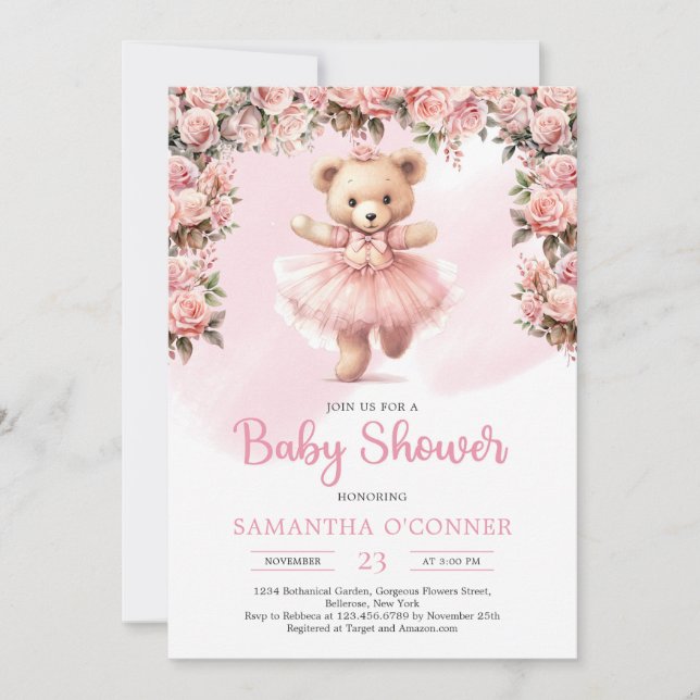 Pink tutu ballerina girl teddy bear blush roses invitation (Front)