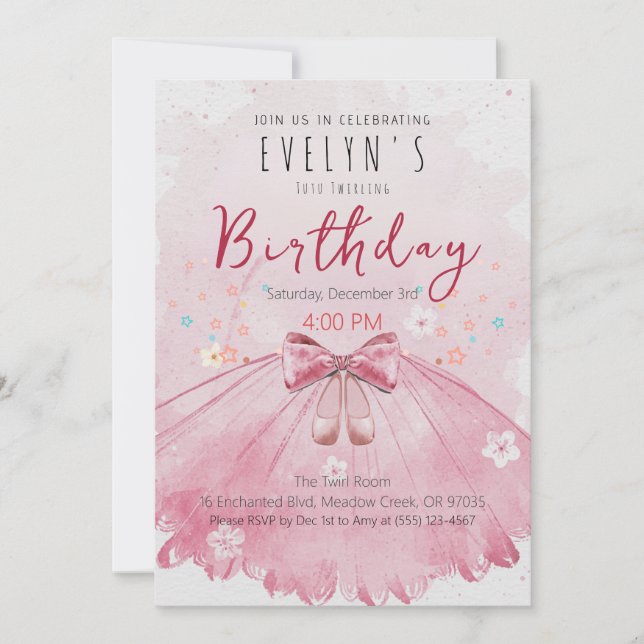 Pink Tutu Birthday Girl Ballet Party Invitation (Front)