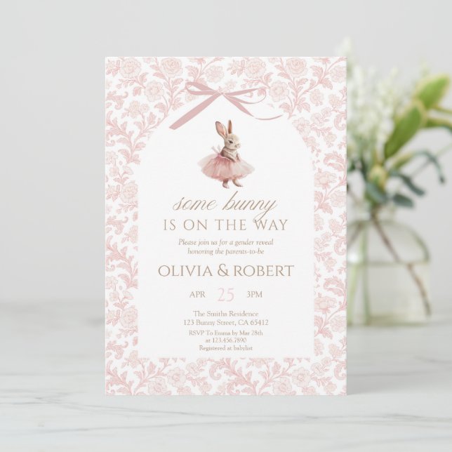 Pink Tutu Bunny Floral Baby Shower Invitation (Standing Front)