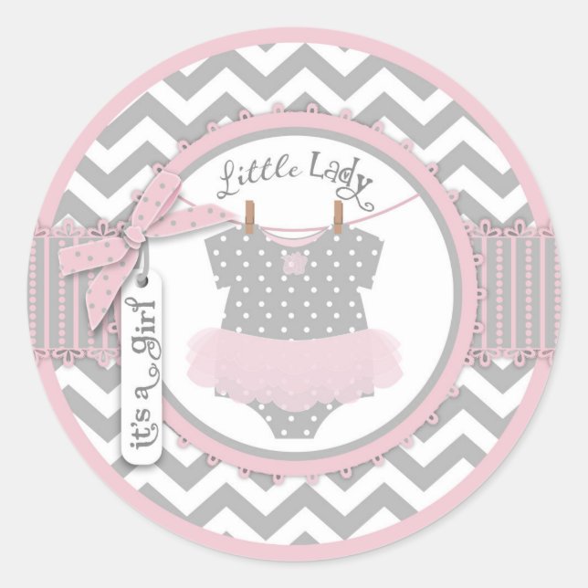 Pink Tutu & Chevron Print Baby Shower Classic Round Sticker (Front)