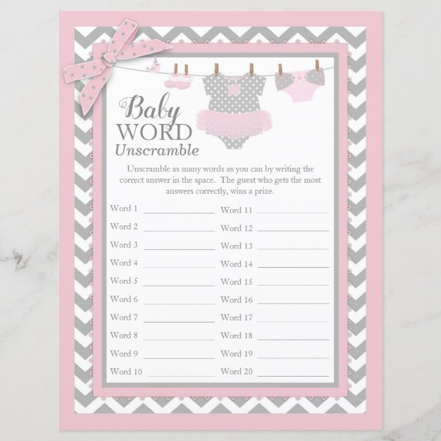 Pink Tutu Chevron Print Baby Shower Word Scramble (Front)