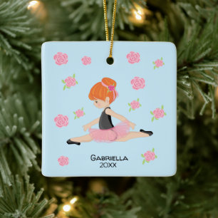 Pink Tutu Red Haired Ballerina Christmas Ceramic Ornament