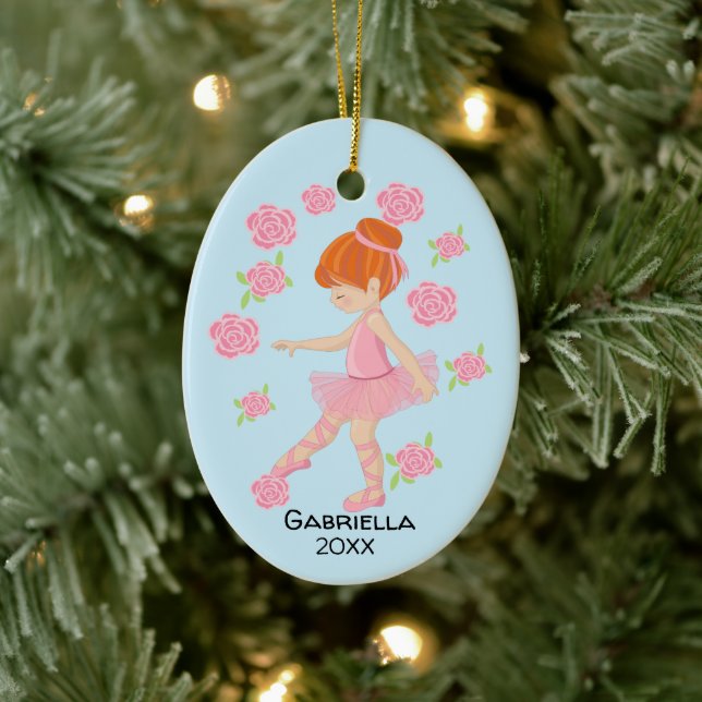 Pink Tutu Red Haired Ballerina Christmas Ceramic Ornament (Tree)