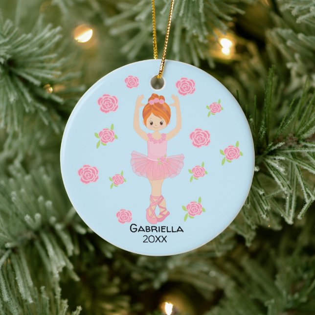 Pink Tutu Red Haired Ballerina Christmas Ceramic Ornament (Tree)