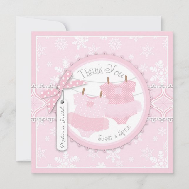 Pink Tutus & Snowflakes Twin Girls Thank You Card (Front)
