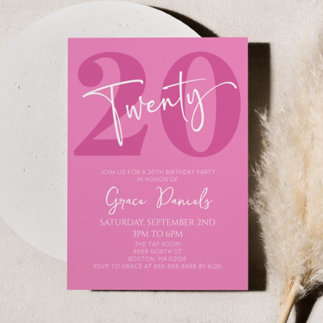 Pink Twenty 20th Twentieth Birthday Party Invitation (Creator Uploaded)