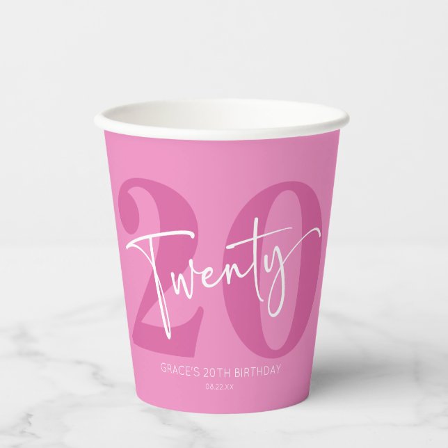 Pink Twenty 20th Twentieth Birthday Party Paper Cups (Front)