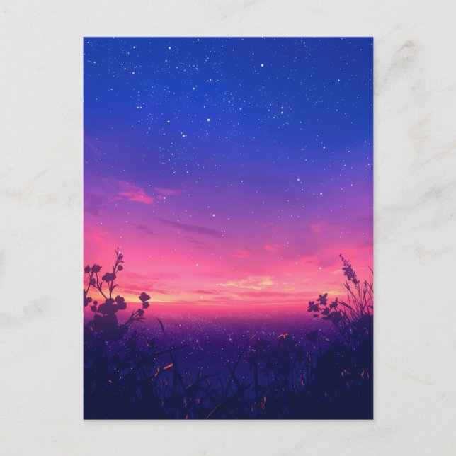 Pink Twilight Starry Night Meadow Postcard (Front)