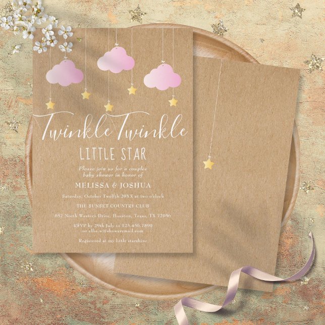 Pink Twinkle Twinkle Baby Shower Rustic Kraft Invitation (Pink Twinkle Twinkle Baby Shower Rustic Kraft Invitation)