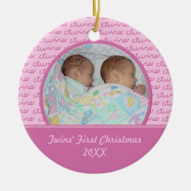 Pink Twins First Christmas Photo Ornament (Front)