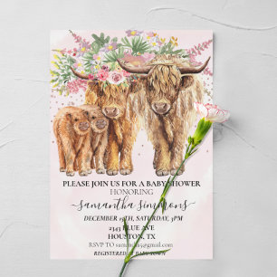 Pink Twins Mum Dad Highland Cow Calf Baby Shower   Invitation