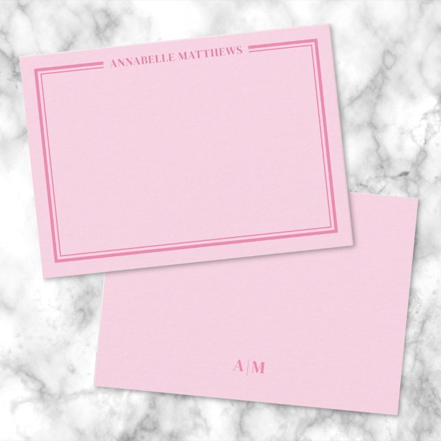 Pink Two Border Minimalist Monogram Card (Pink Two Border Minimalist Name Monogram Note Card)