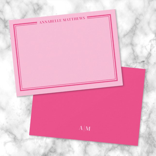 Pink Two Border Minimalist Name Monogram Card (Pink Two Border Minimalist Name Monogram Note Card)