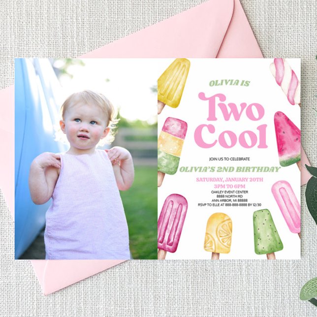 Pink Two Cool Popsicle Picture 2nd Birthday Party Invitation (Creator Uploaded)