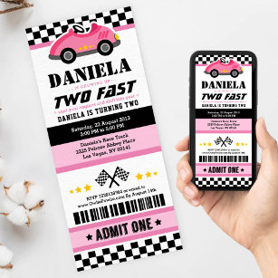 Pink Two Fast Race Car Ticket Pass Second Birthday Invitation
