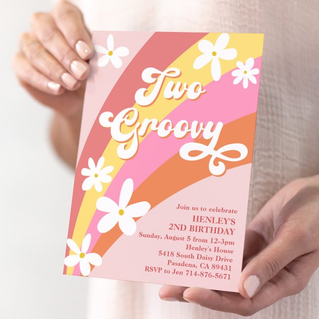 Pink Two Groovy Retro Daisies Rainbow Birthday Invitation (Creator Uploaded)