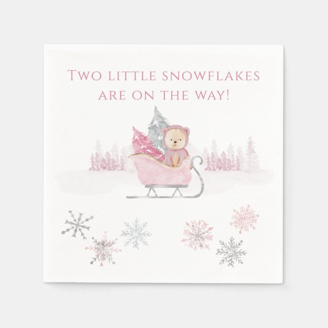 Pink Two Little Snowflakes Twin Baby Shower Napkin (Front)