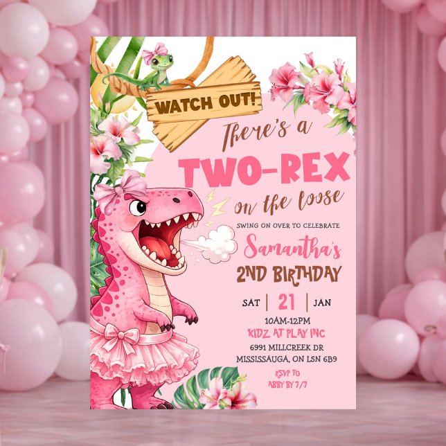 Pink Two Rex On The Loose Third Birthday Invitation (Creator Uploaded)