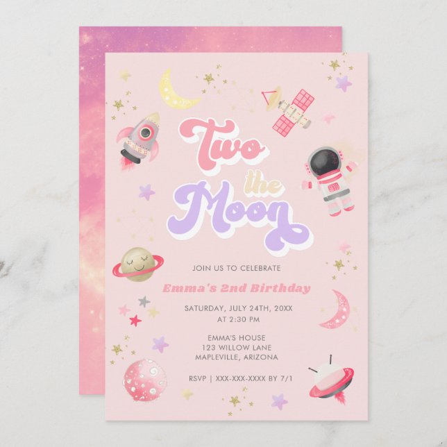 Pink Two the Moon Space Birthday  Invitation (Front/Back)