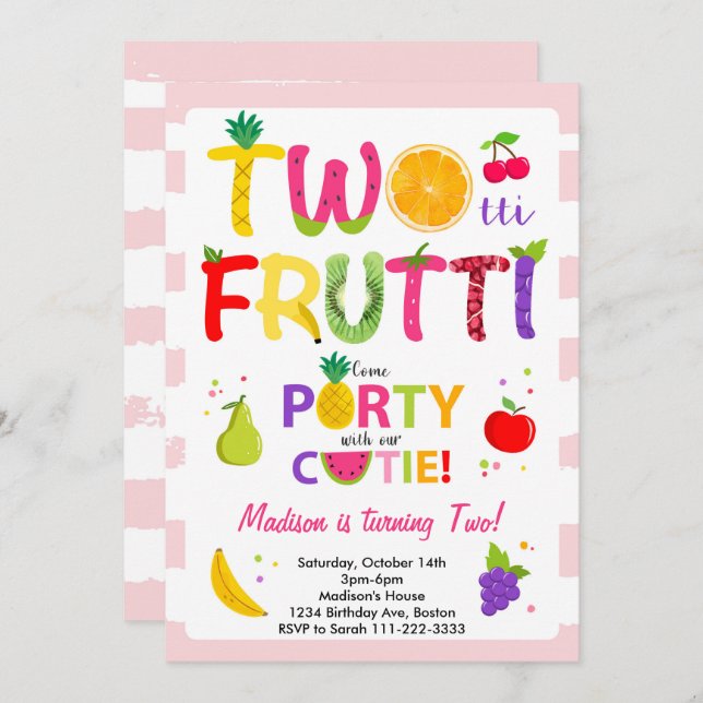 Pink Twotti Frutti Girls 2nd Birthday Invitation (Front/Back)