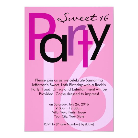 Pink Type Sweet 16 Birthday Party Invitation