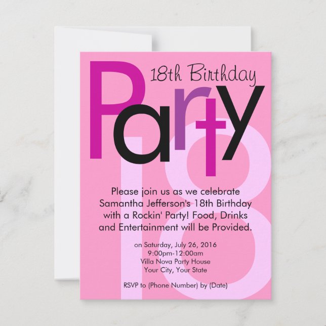 Pink Typeface 18th Birthday Party Invitation (Front)
