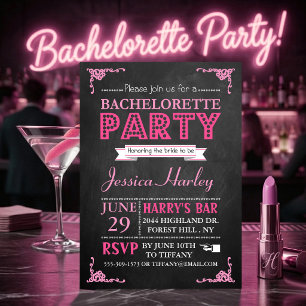 Pink Typography Chalkboard Bachelorette Party Invitation
