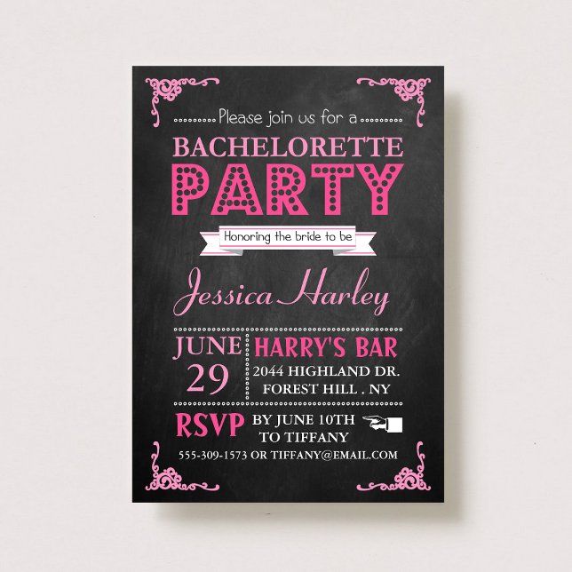Pink Typography Chalkboard Bachelorette Party Invitation (Creator Uploaded)