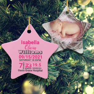 pink typography family name baby girl birth stats ceramic ornament