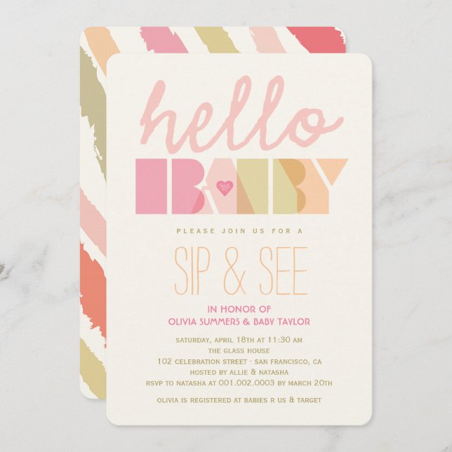 Pink Typography Girl Sip & See Hello Baby Shower Invitation (Front/Back)
