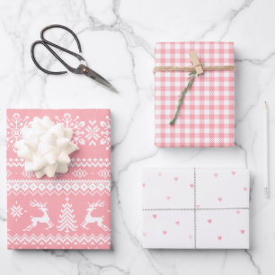 Pink ugly Christmas sweater buffalo plaid hearts Wrapping Paper Sheet