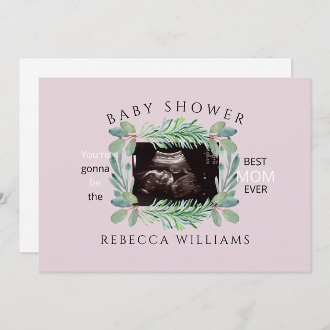 Pink Ultrasound Photo Best Mum Ever Foliage  Invitation (Front/Back)