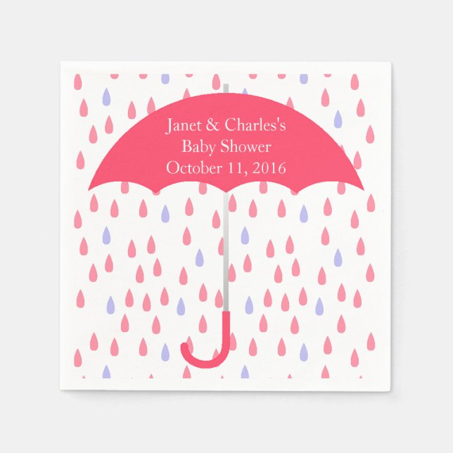 Pink Umbrella and Rain Baby Shower Paper Napkins (Front)