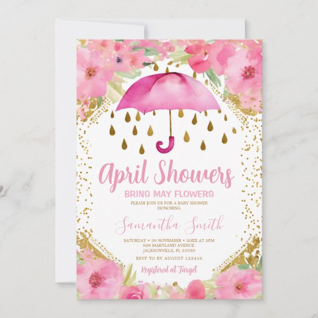 Pink Umbrella April Showers Bring May Flowers Invitation (Front)