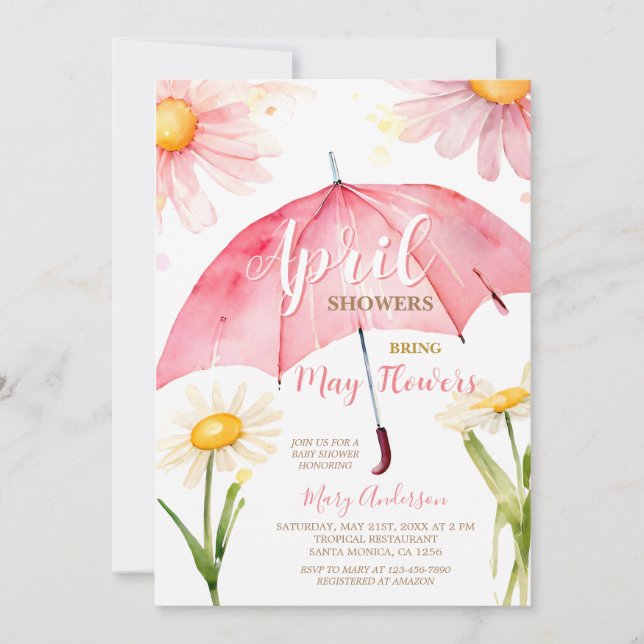 Pink Umbrella April Showers Bring May Flowers Invitation (Front)