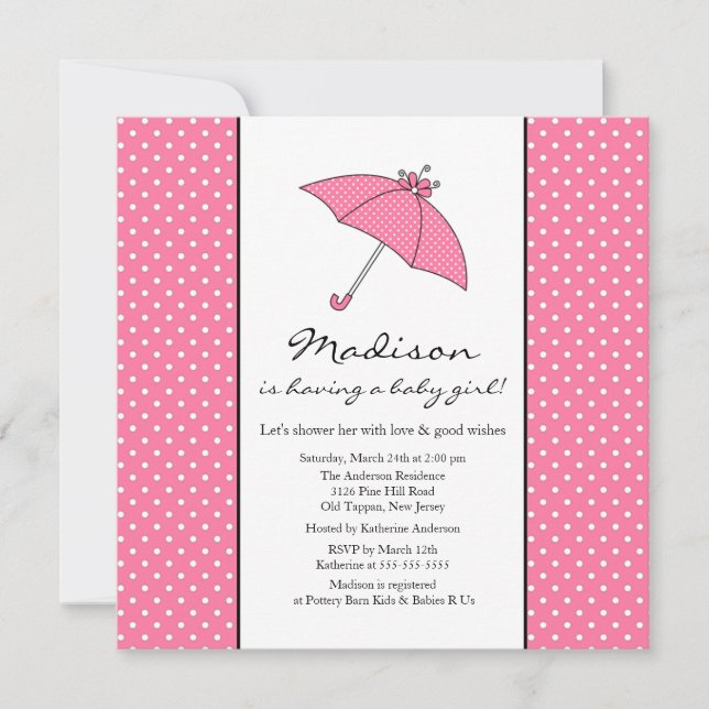 Pink Umbrella Baby Girl Baby Shower Invitation (Front)