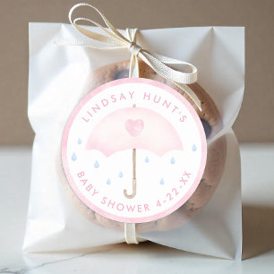 Pink Umbrella Baby Shower Favour Sticker