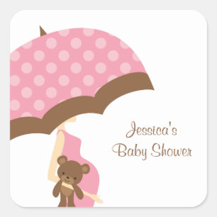 Pink Umbrella Baby Shower Stickers