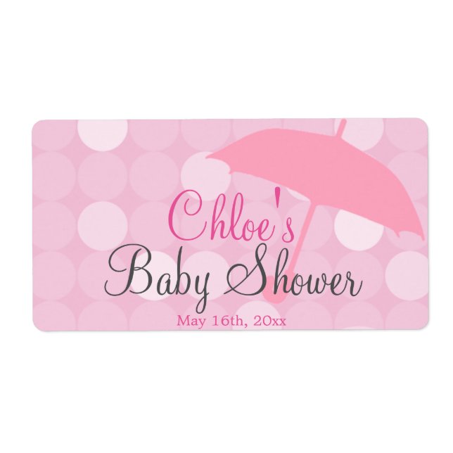 Pink Umbrella Baby Shower Water Bottle Labels (Front)