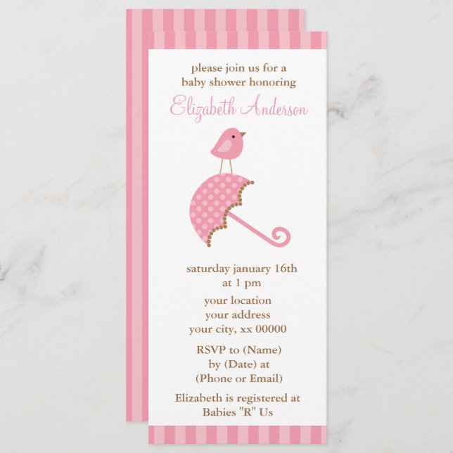 Pink Umbrella Bird Girl Baby Shower Invitation (Front/Back)