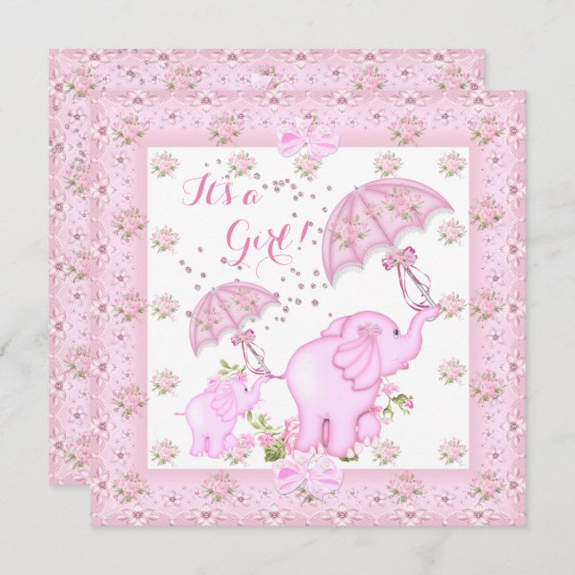 Pink Umbrella Elephant Calf Baby Shower Girl 2 Invitation (Front/Back)