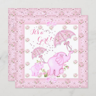 Pink Umbrella Elephant Calf Baby Shower Girl 2 Invitation