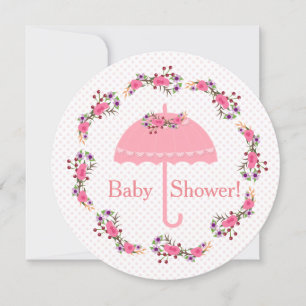Pink Umbrella Flowers and Dots, Girl Baby Shower Invitation