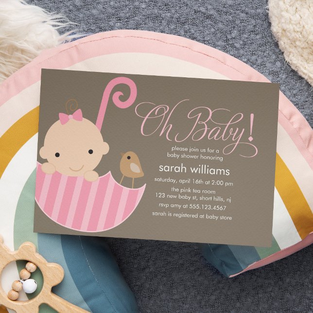 Pink Umbrella Girl Baby Shower Invitation (Creator Uploaded)