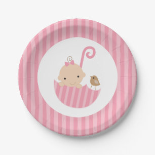 Pink Umbrella Girl Baby Shower Paper Plate