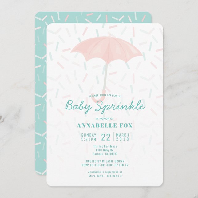 Pink Umbrella Mint Baby Sprinkle Shower Invitation (Front/Back)